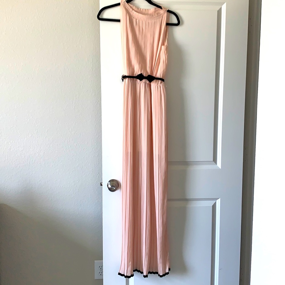 Peach pleated maxi dress with bow belt